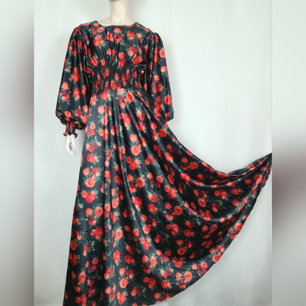 Moody Romantic Satin Floral Maxi Gown Dress 6ft Sweep XS-S-M  Handmade